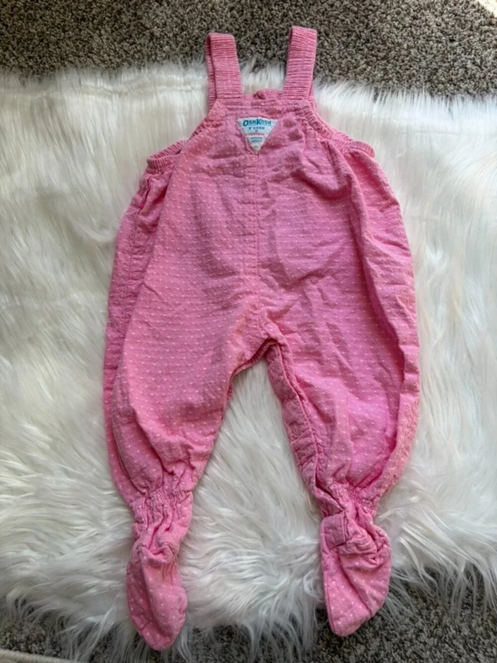 Vintage OshKosh B'gosh Pink White Polka Dot Footed Overall Jumper Baby 6-9 Month